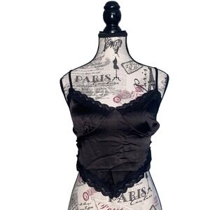 Forever 21 Black Lace Trim Cami Tie Back Cropped Tank Top Womens Medium